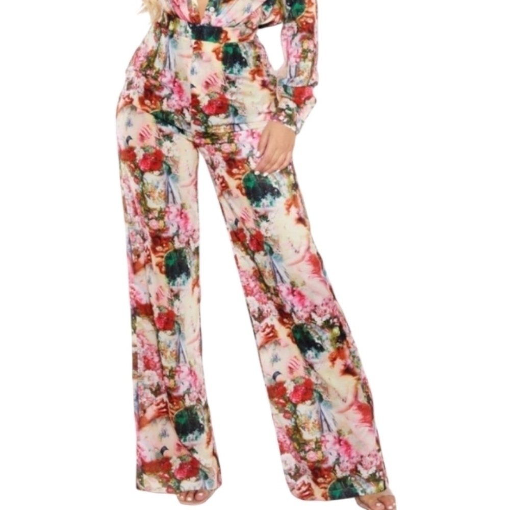 PrettyLittleThing WideLeg Floral Victorian Pants Side Zip Size 6 NWT
